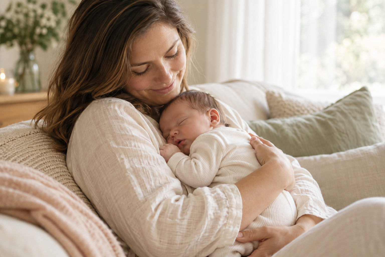 A mother gently cradling her sleeping newborn