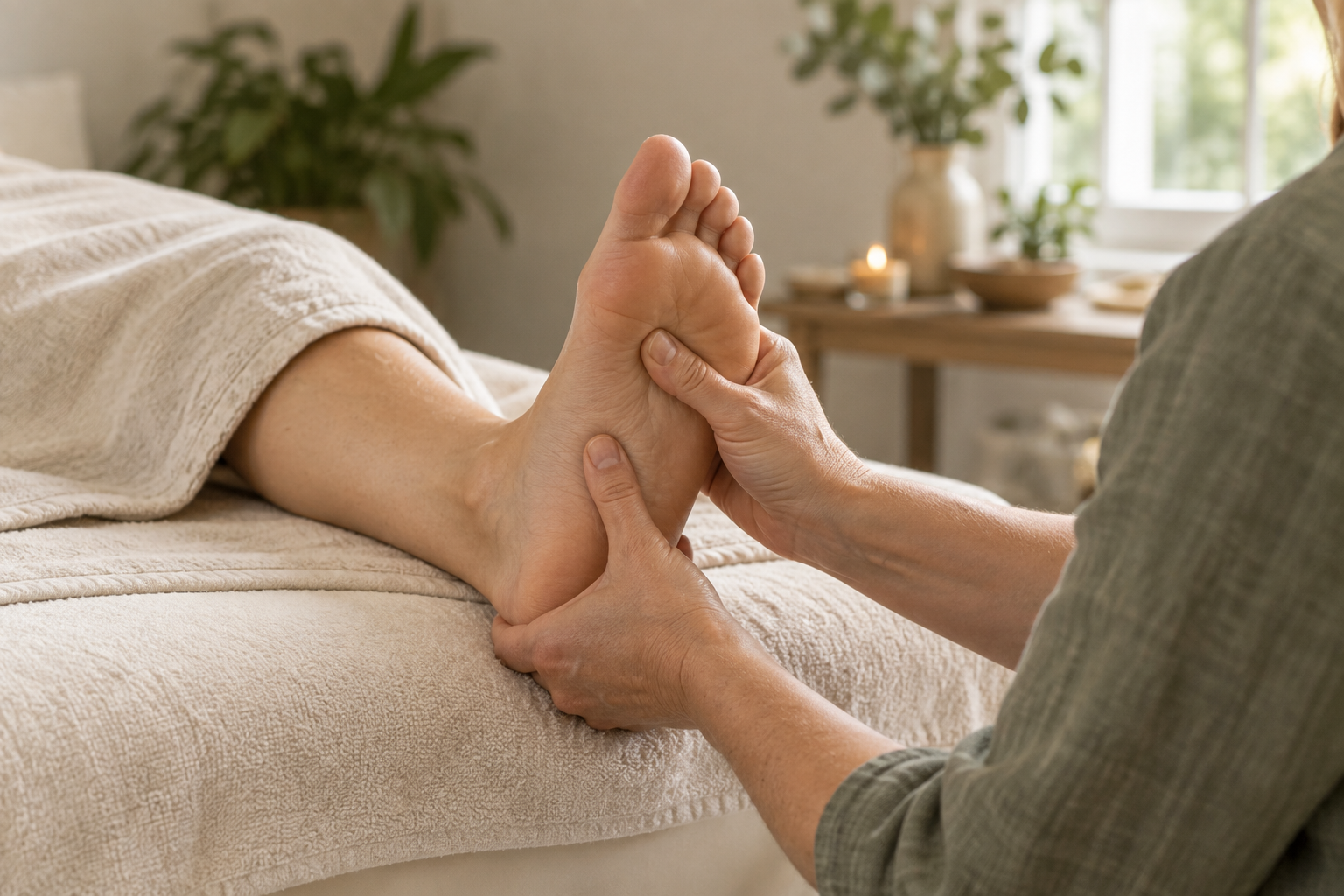 Hands gently holding a foot during a reflexology session